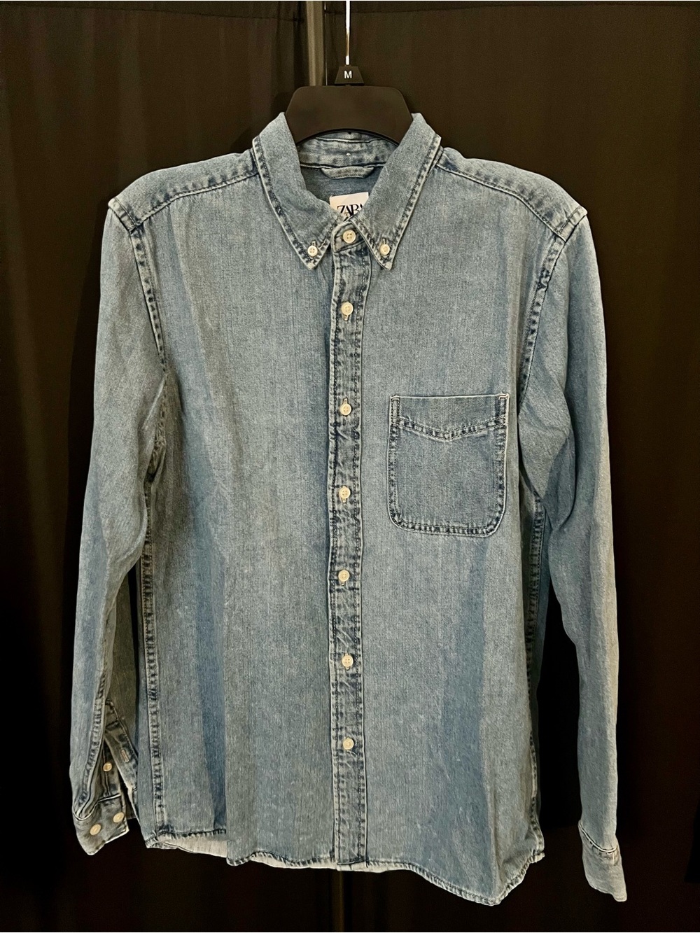 Zara Men's Faded Light Blue Denim Button-Down Shirt